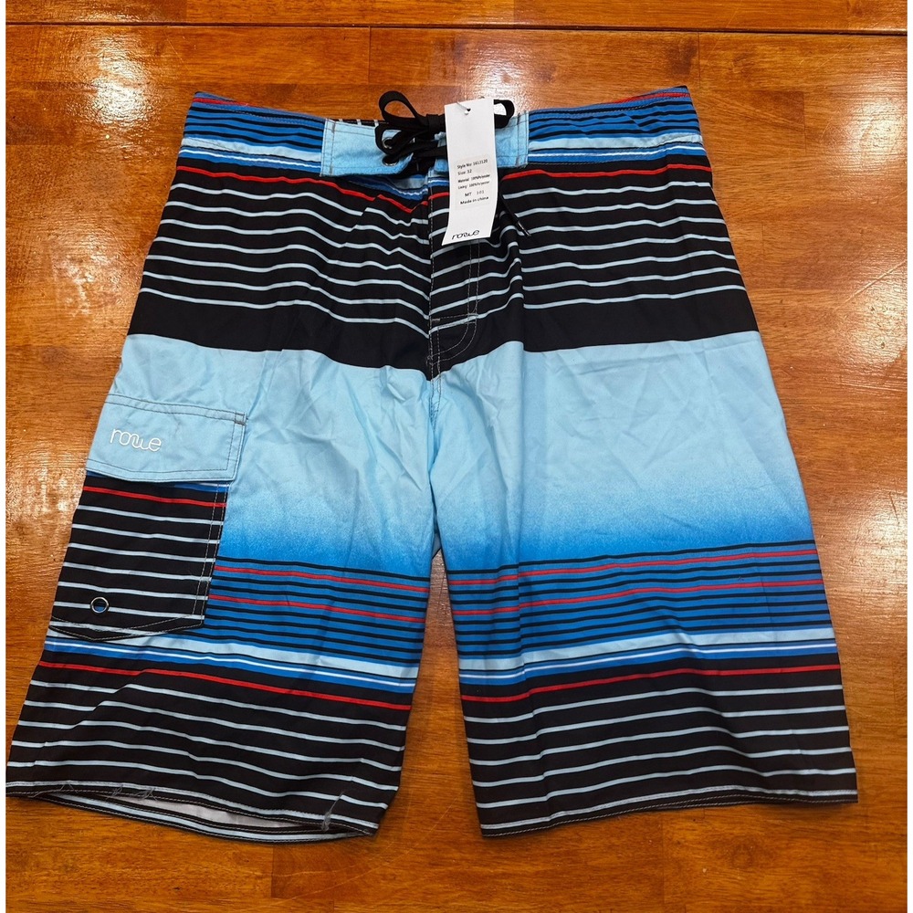 NONWE Men's Board Shorts Size 32 Blue Black Striped Drawstring Swim Trunks NWT